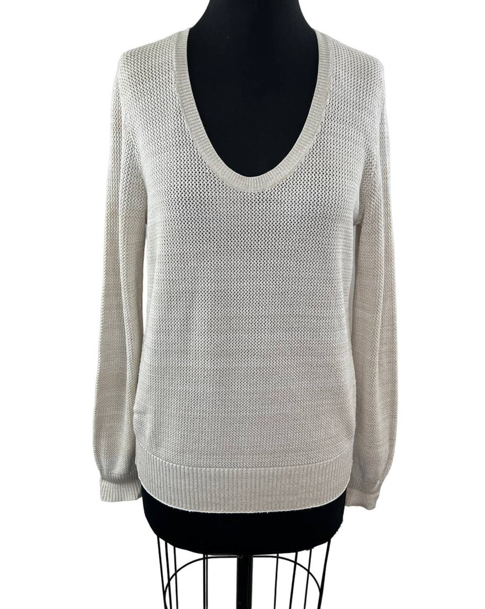 THEORY Beige Scoop-Neck 3/4-Sleeve Prosecco Knit Sweater Long Sleeve Pullover M